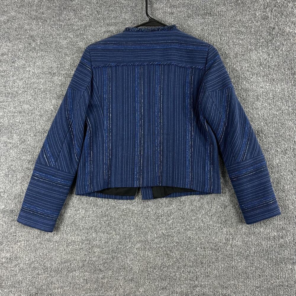 Sandro Blazer 38  Egyptien Blue Blucy Asymmetrical Tweed Fringe Crop Jacket Blue - Picture 12 of 16